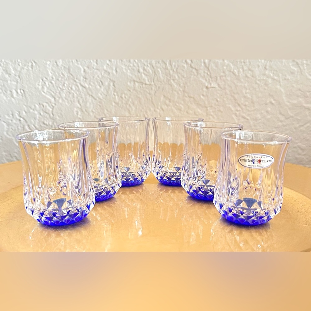 RARE! SET OF 6 CRISTAL D'ARQUES LONGCHAMP SHOT GLASSES COBALT BLUE BOTTOM-FRANCE